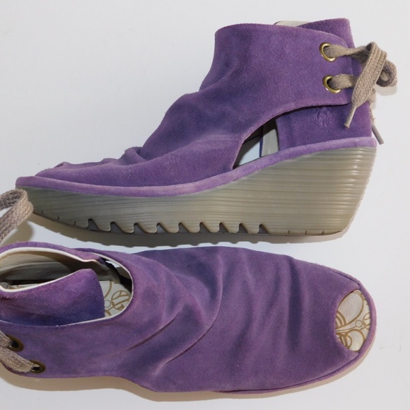 FLY LONDON purple suede wedge Yame peep toe sandals 38 us 8 - Picture 2 of 8